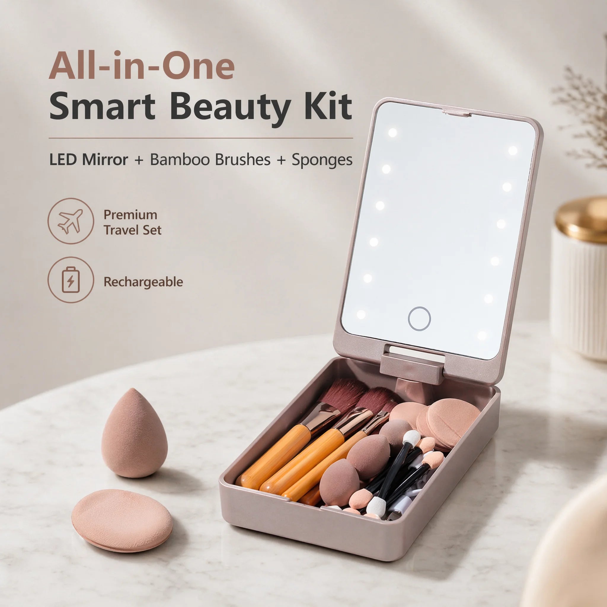 10Pcs Macaron Makeup Brush Set with Led Light Mirror Portable Travel Cosmetic Brushes Kit with Triangle Powder Puff Beauty Tools