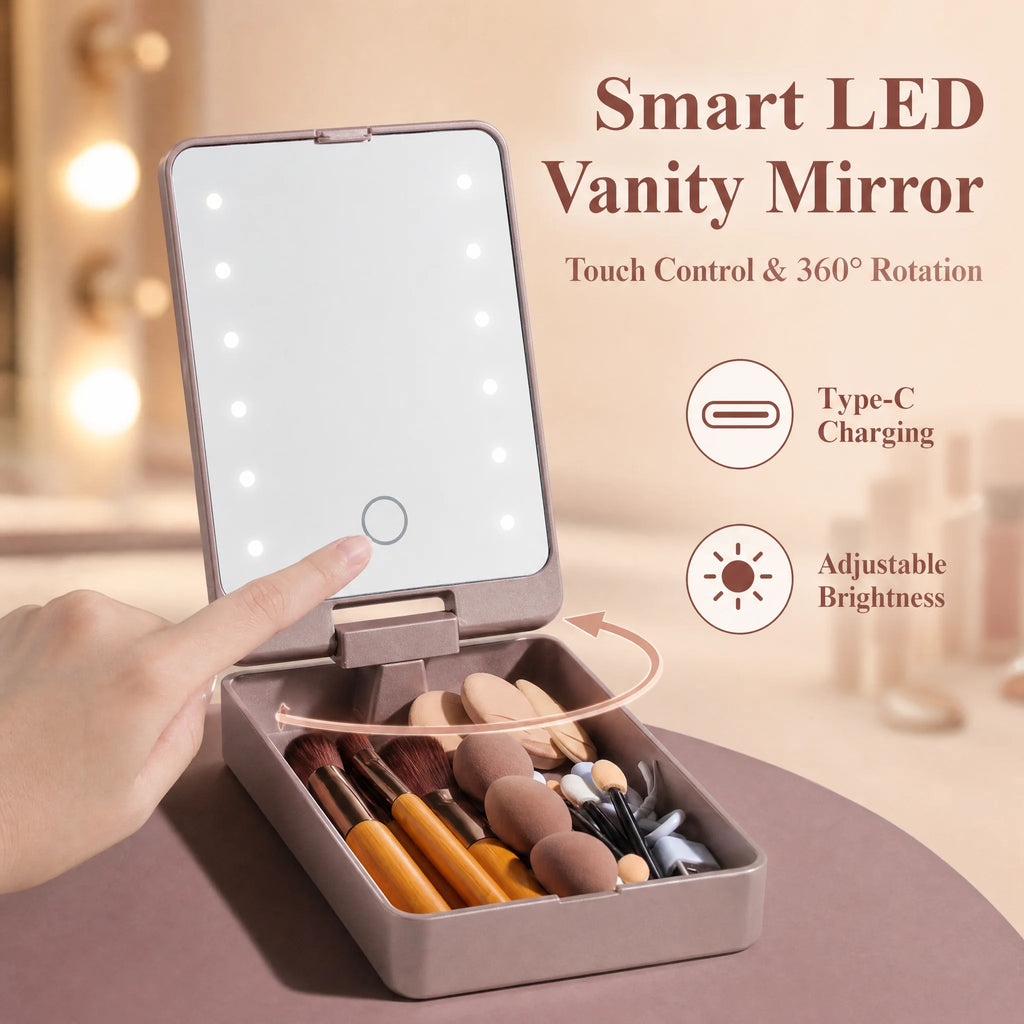 10Pcs Macaron Makeup Brush Set with Led Light Mirror Portable Travel Cosmetic Brushes Kit with Triangle Powder Puff Beauty Tools