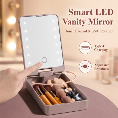 10Pcs Macaron Makeup Brush Set with Led Light Mirror Portable Travel Cosmetic Brushes Kit with Triangle Powder Puff Beauty Tools