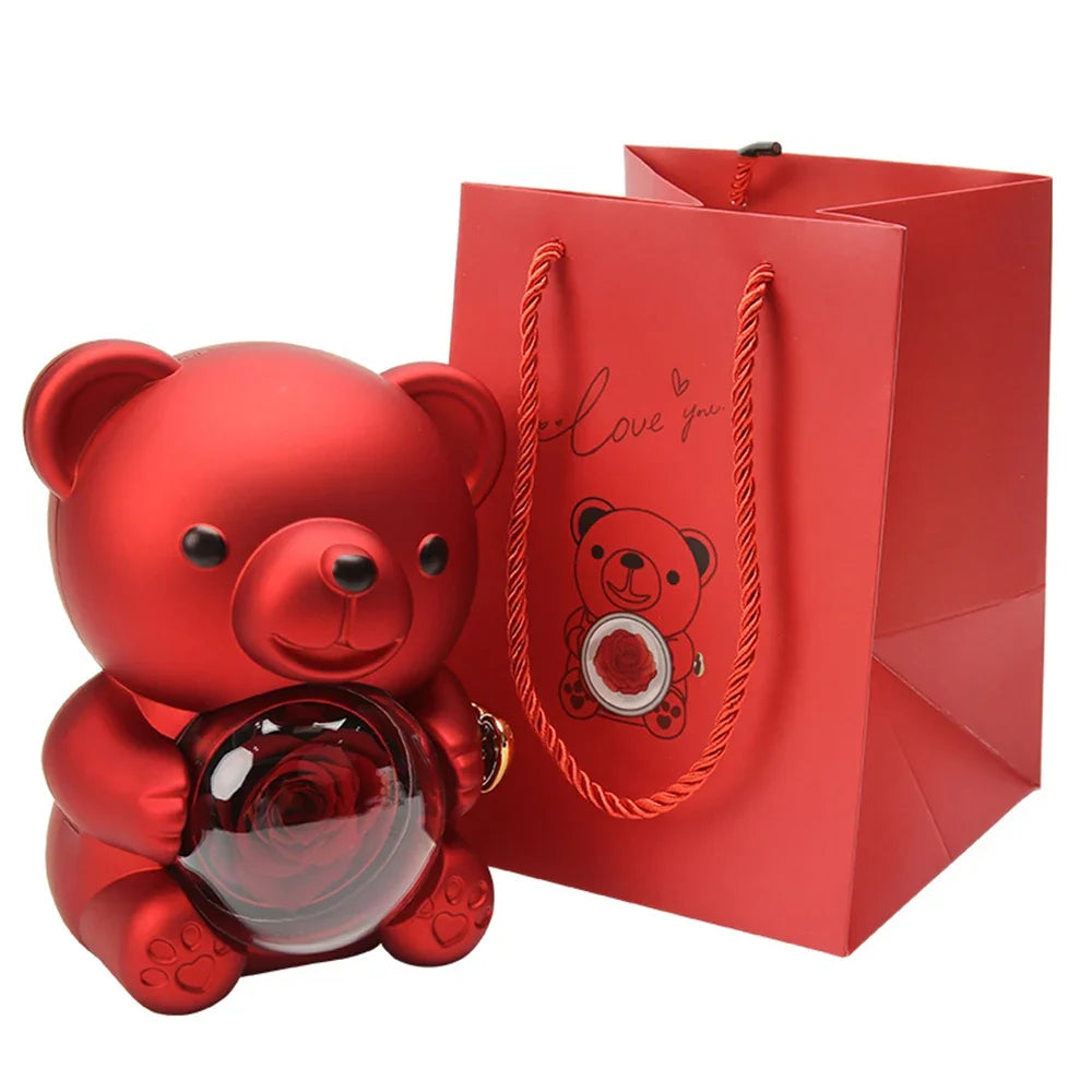 Mini Cute Eternal Rose Bear Jewelry Box Exquisite Portable 100 Languages "I Love You" Necklace Valentine's Day Birthday Gift