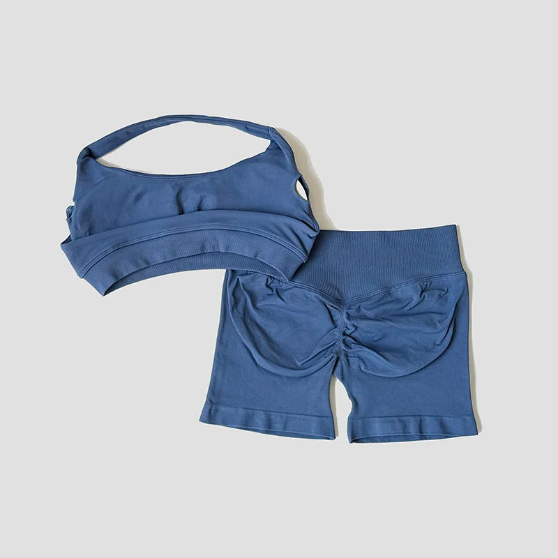 Sexy Halter Neck Beautiful Back Bra High Waist Peach Sports Shorts Suit Pilates Training Gym Fitness Bra Workout Activewear
