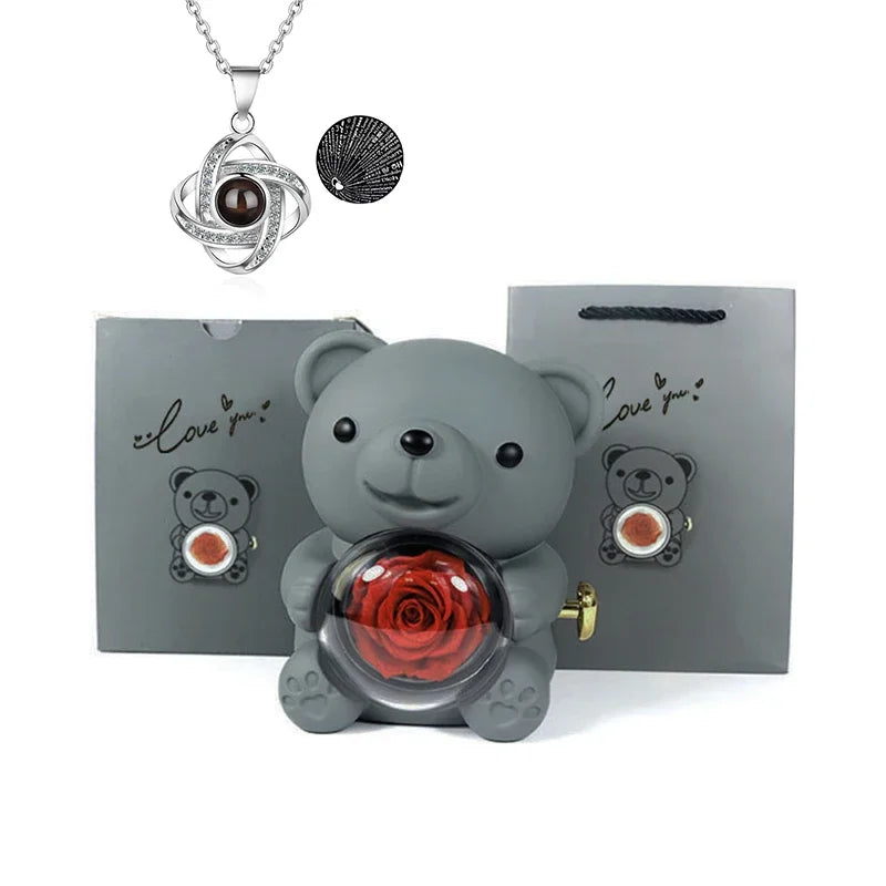 Mini Cute Eternal Rose Bear Jewelry Box Exquisite Portable 100 Languages "I Love You" Necklace Valentine's Day Birthday Gift