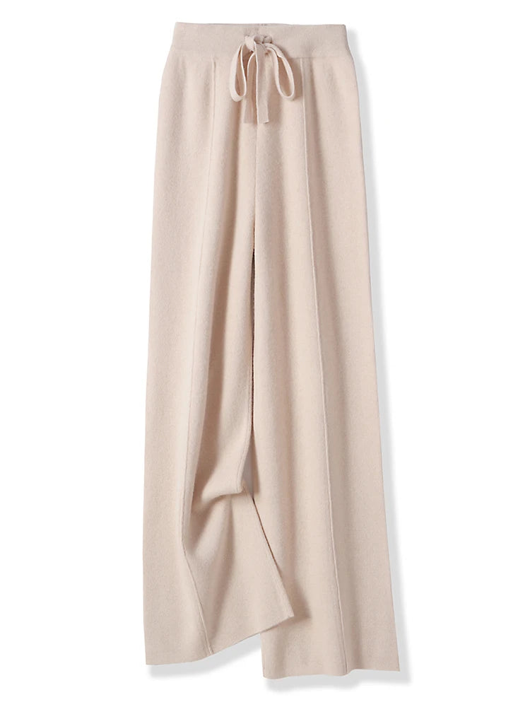 100% Merino Wool Pants Women Autumn Winter Casual Wide Leg Trousers Middle Seam Style Knitted Cashmere Soft Lace-up Trendy Pants