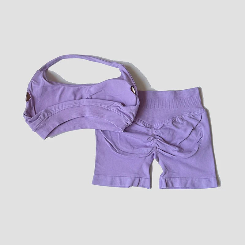 Sexy Halter Neck Beautiful Back Bra High Waist Peach Sports Shorts Suit Pilates Training Gym Fitness Bra Workout Activewear