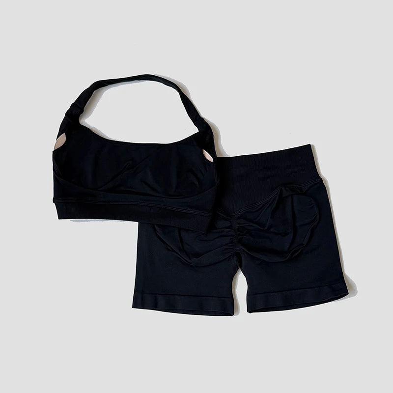 Sexy Halter Neck Beautiful Back Bra High Waist Peach Sports Shorts Suit Pilates Training Gym Fitness Bra Workout Activewear