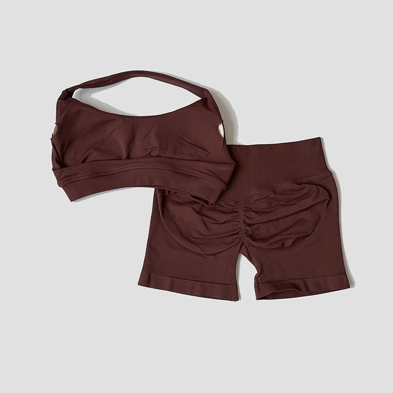Sexy Halter Neck Beautiful Back Bra High Waist Peach Sports Shorts Suit Pilates Training Gym Fitness Bra Workout Activewear