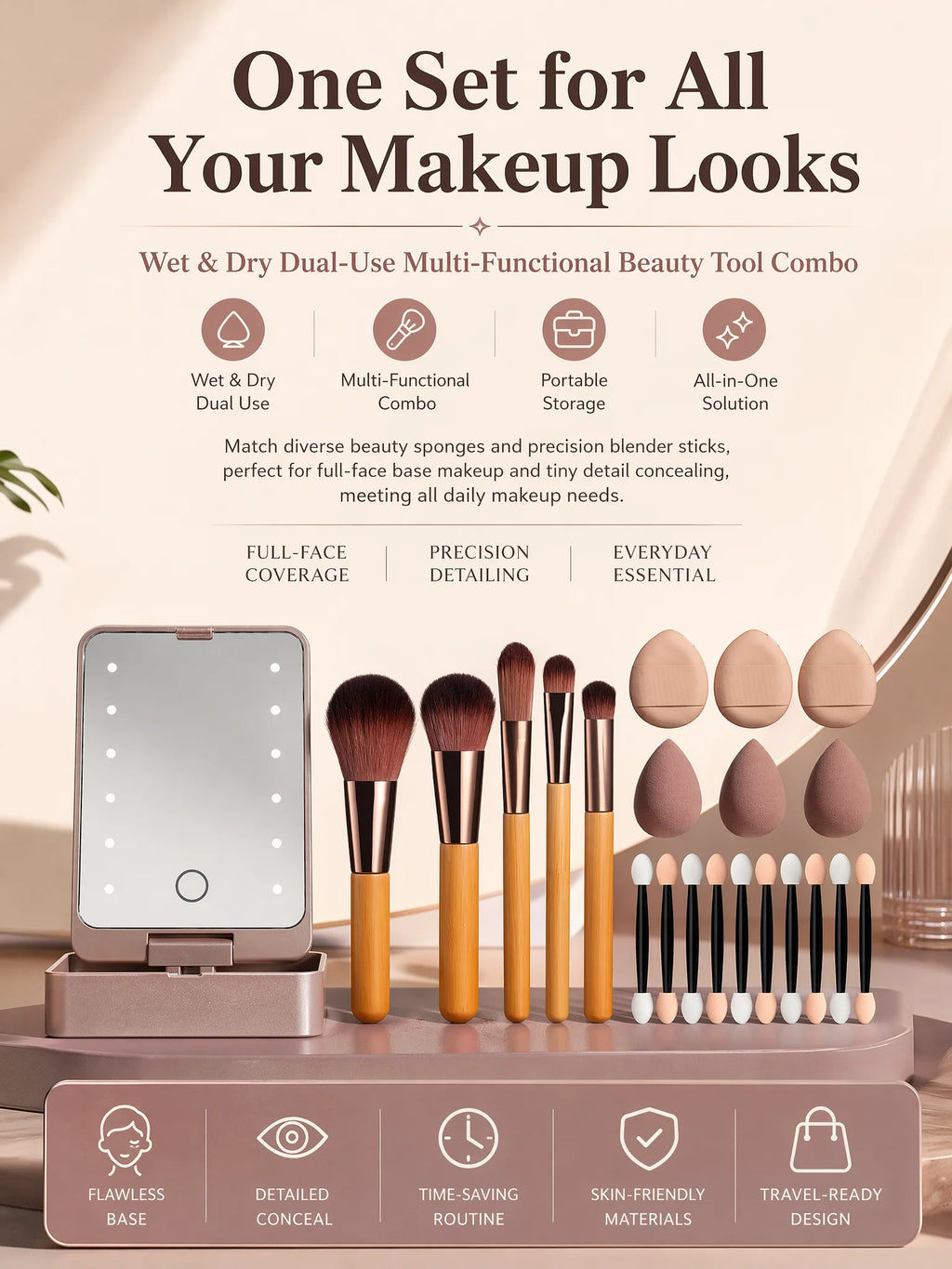 10Pcs Macaron Makeup Brush Set with Led Light Mirror Portable Travel Cosmetic Brushes Kit with Triangle Powder Puff Beauty Tools