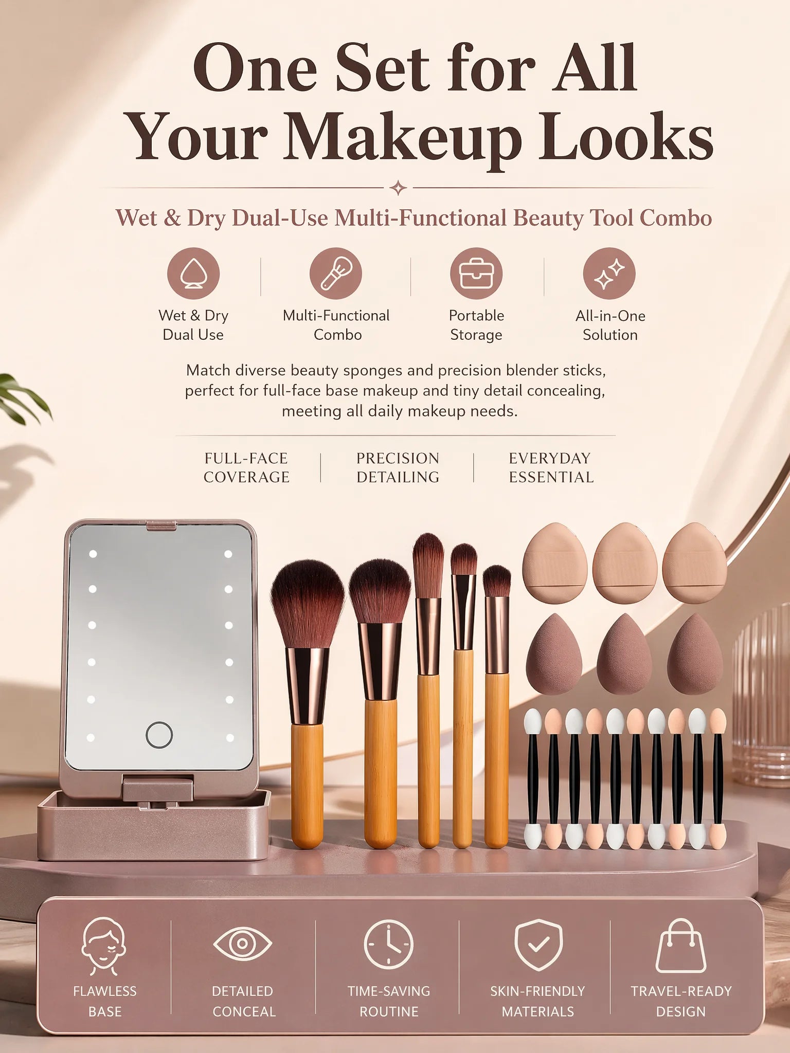 10Pcs Macaron Makeup Brush Set with Led Light Mirror Portable Travel Cosmetic Brushes Kit with Triangle Powder Puff Beauty Tools