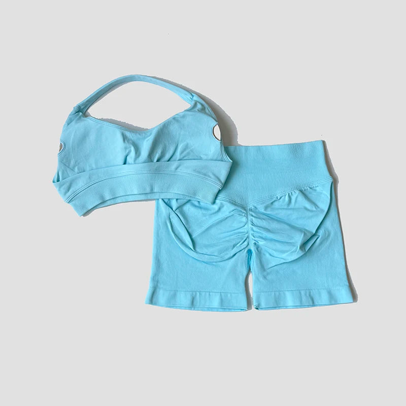 Sexy Halter Neck Beautiful Back Bra High Waist Peach Sports Shorts Suit Pilates Training Gym Fitness Bra Workout Activewear