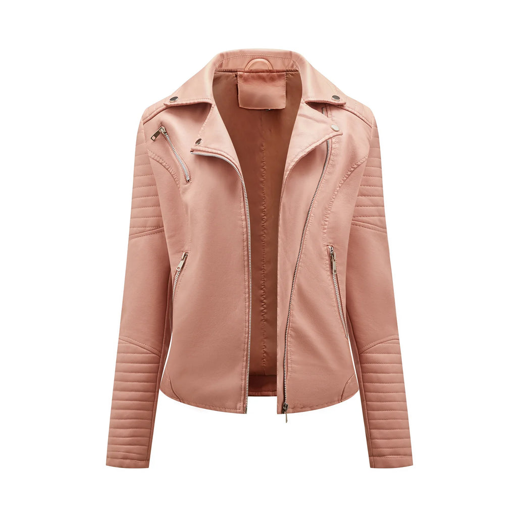 Spring and Autumn short women's leather jacket, Slim lapel biker suit, oblique zipper jacket women's coat