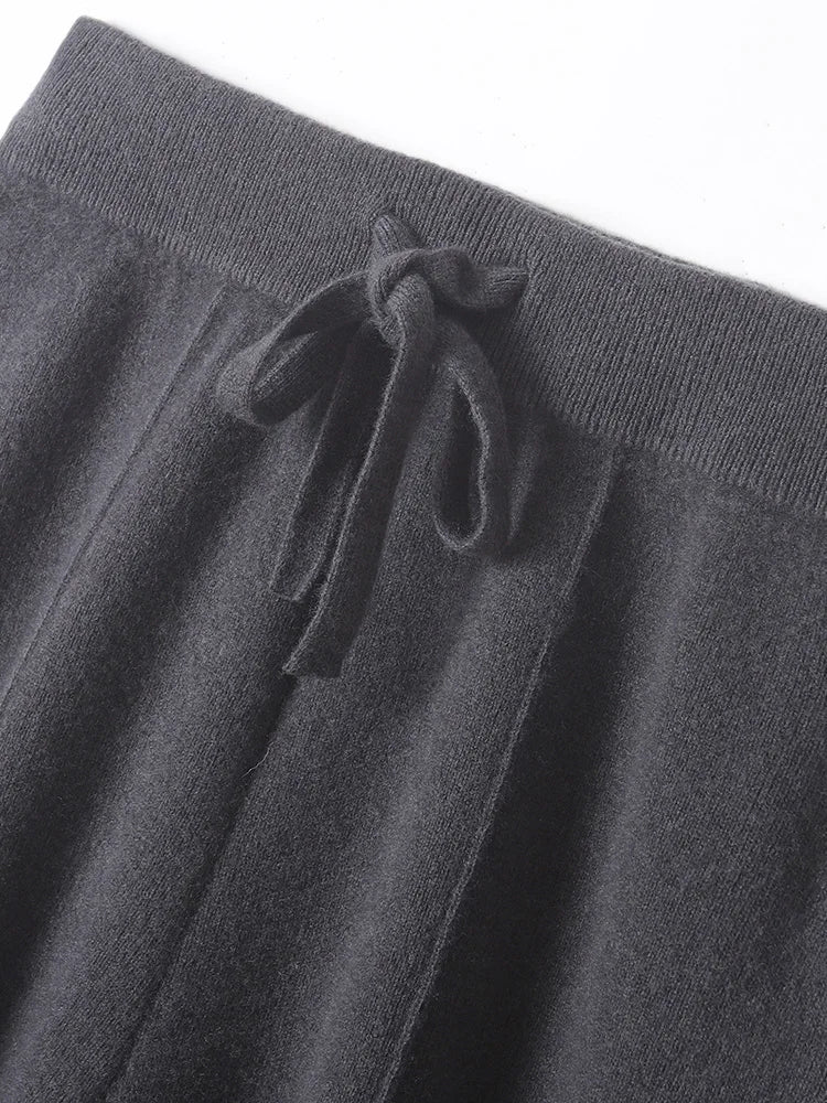 100% Merino Wool Pants Women Autumn Winter Casual Wide Leg Trousers Middle Seam Style Knitted Cashmere Soft Lace-up Trendy Pants
