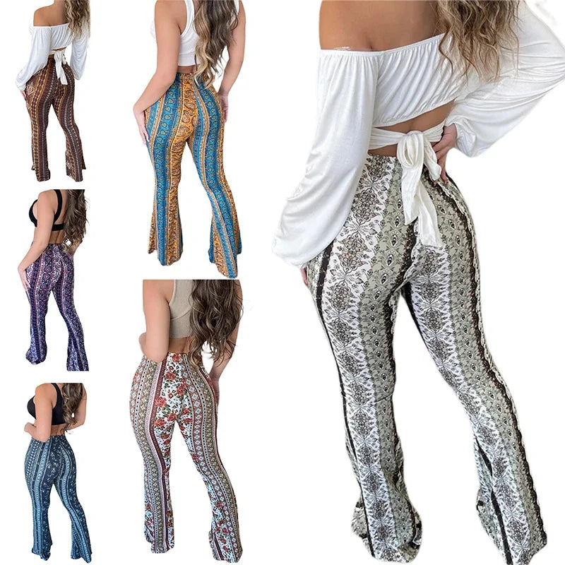 Viral Tiktok Forbidden Pants Bohemian Flare Ethnic Tribal Print Bell Bottom Yoga Palazzo Horse High Waist Vintage Hippie Pants