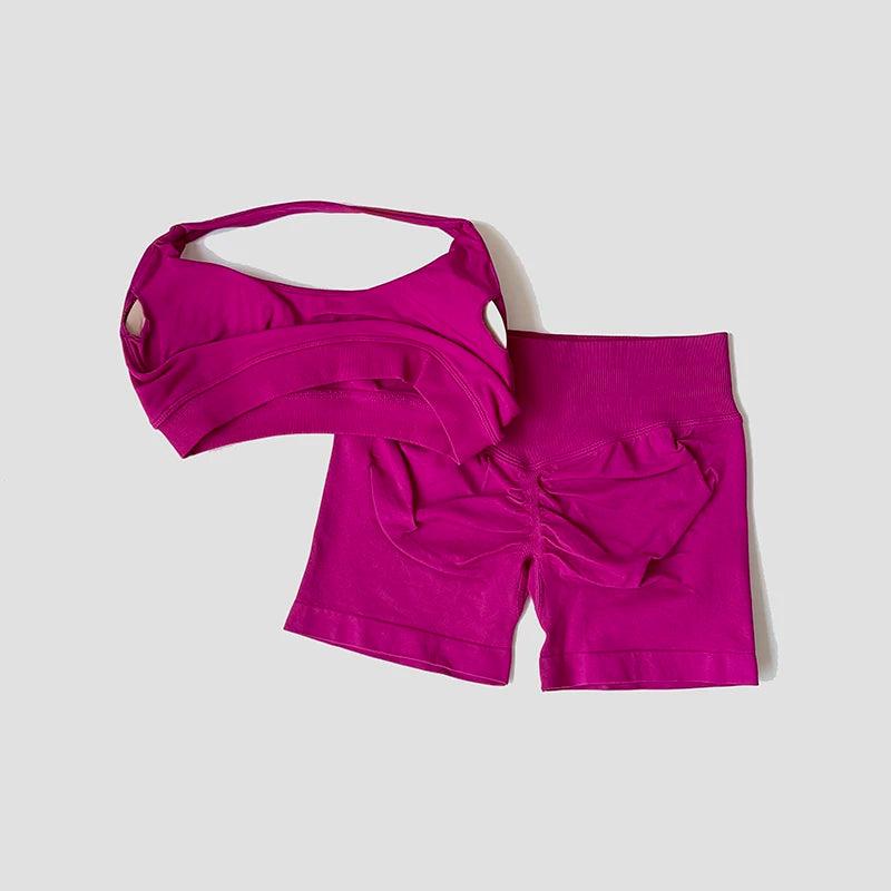 Sexy Halter Neck Beautiful Back Bra High Waist Peach Sports Shorts Suit Pilates Training Gym Fitness Bra Workout Activewear
