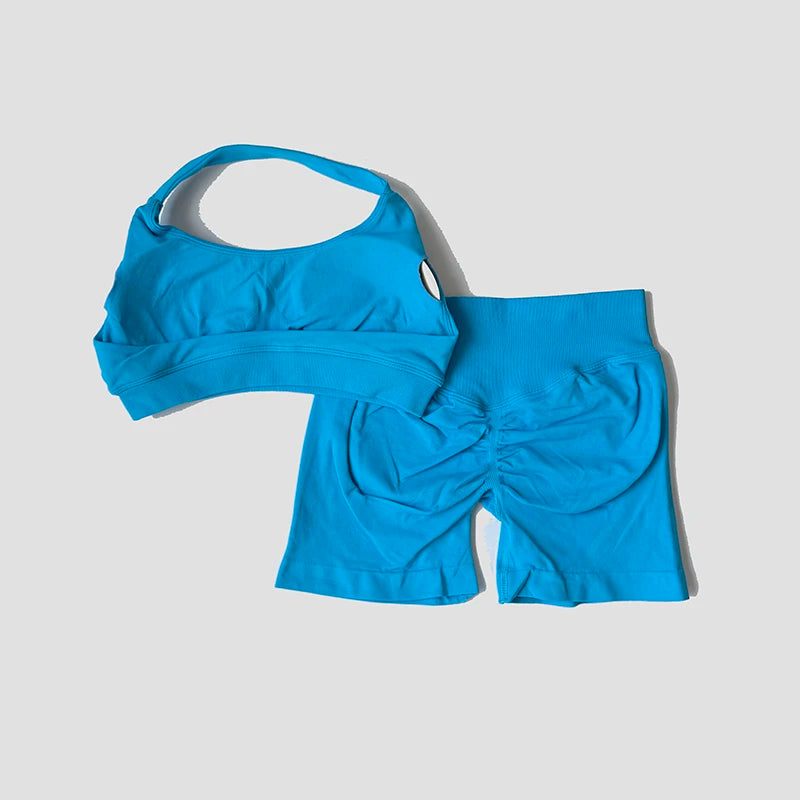 Sexy Halter Neck Beautiful Back Bra High Waist Peach Sports Shorts Suit Pilates Training Gym Fitness Bra Workout Activewear