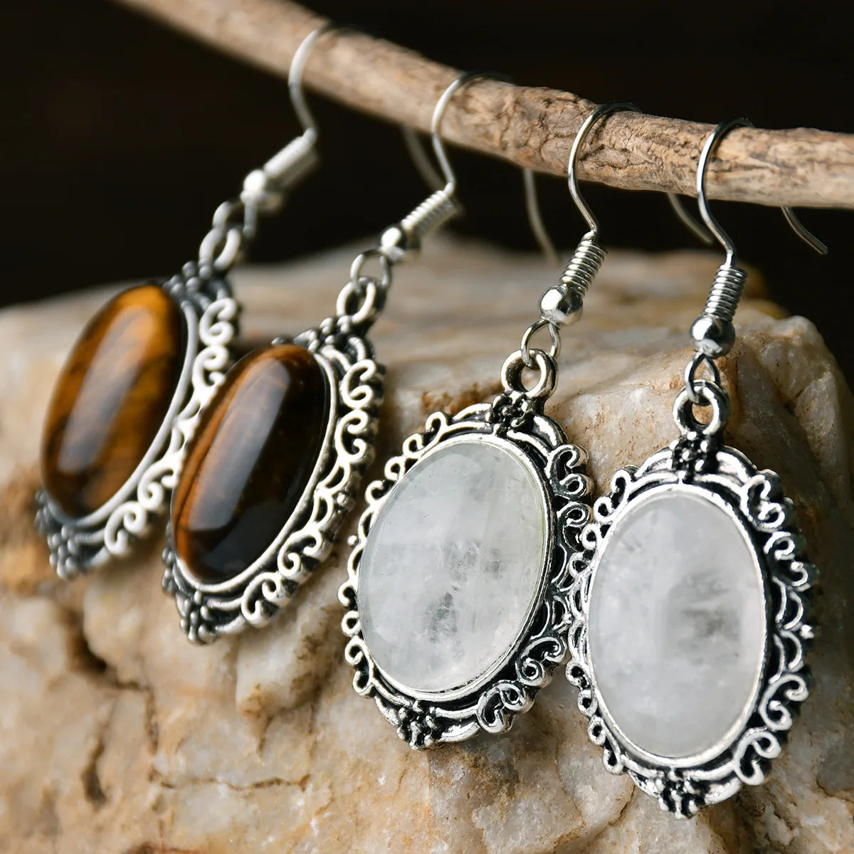 1pair Natural Stone Rose Quartz Green Aventurine Tiger Eye Pendant Earrings Bohemian Women's Fashion Earrings Jewelry Gifts