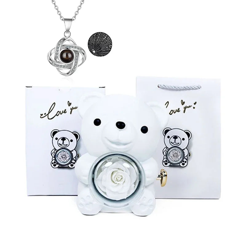 Mini Cute Eternal Rose Bear Jewelry Box Exquisite Portable 100 Languages "I Love You" Necklace Valentine's Day Birthday Gift