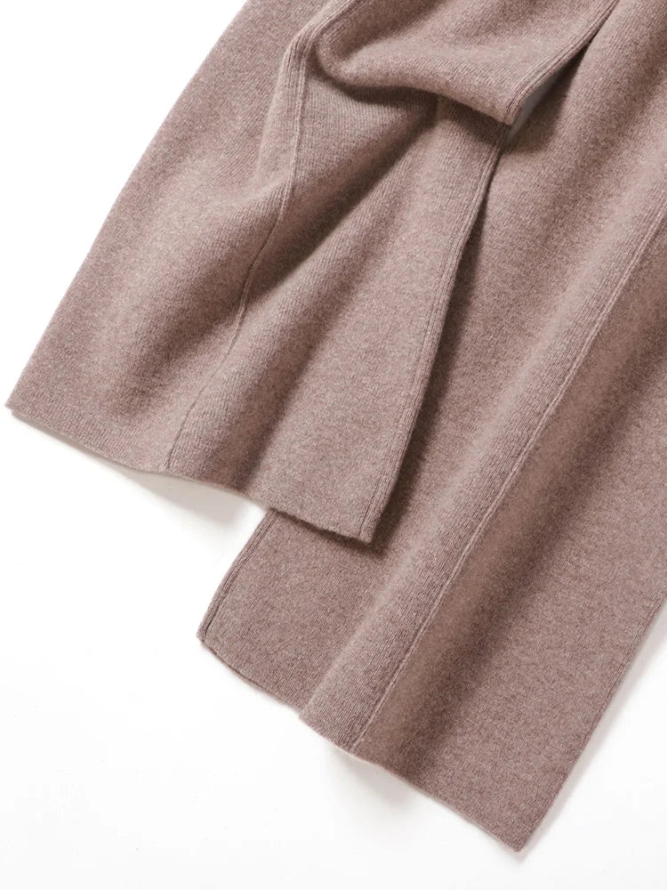 100% Merino Wool Pants Women Autumn Winter Casual Wide Leg Trousers Middle Seam Style Knitted Cashmere Soft Lace-up Trendy Pants