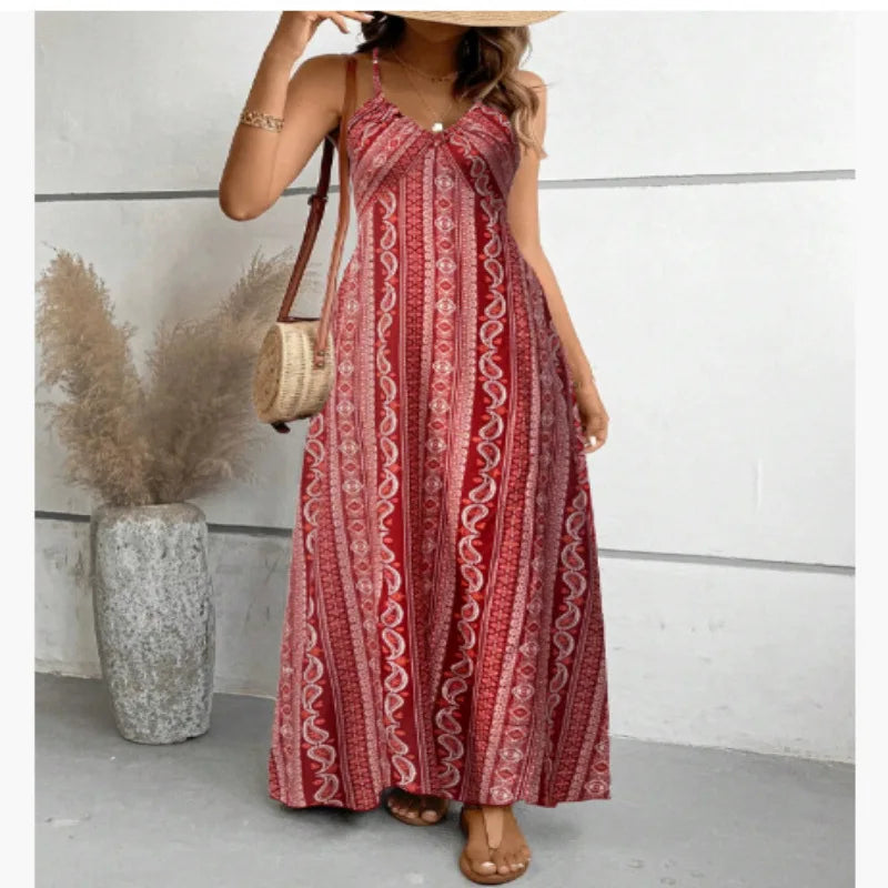 Sexy Wrap V-Neck Long Dress Polyester No-Sleeve High-Waist Printed Summer 2025 TikTok Trendy Split Strapless Gown