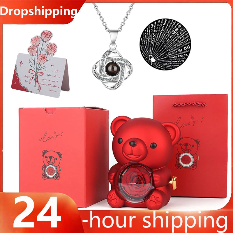 Mini Cute Eternal Rose Bear Jewelry Box Exquisite Portable 100 Languages "I Love You" Necklace Valentine's Day Birthday Gift