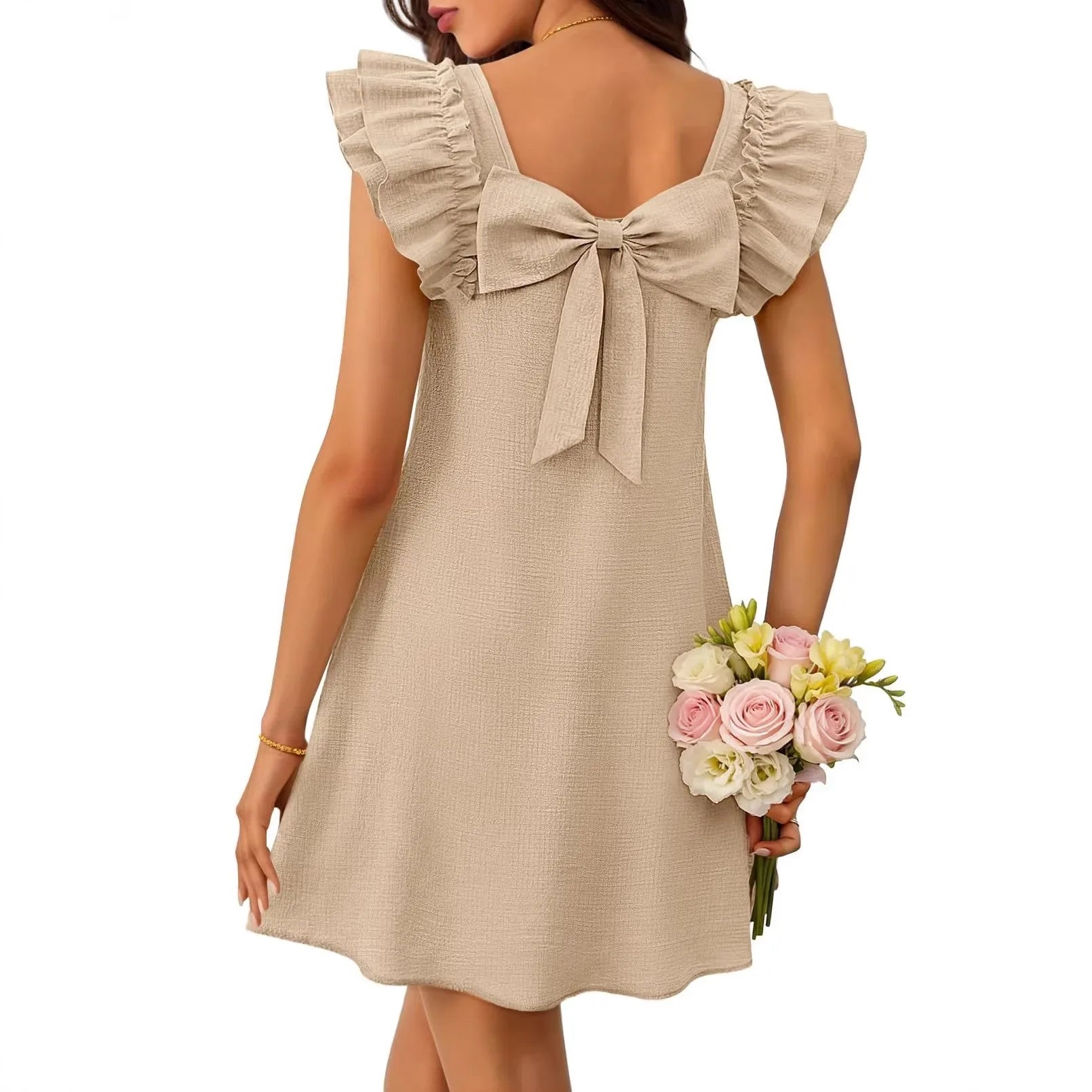 2026 European & American Style Double Layer Ruffle Sleeve Back Bow Dress for Spring & Summer, Amazon Independent Site & TikTok F