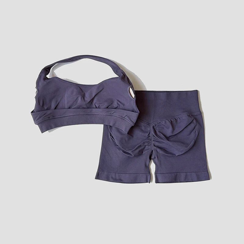 Sexy Halter Neck Beautiful Back Bra High Waist Peach Sports Shorts Suit Pilates Training Gym Fitness Bra Workout Activewear