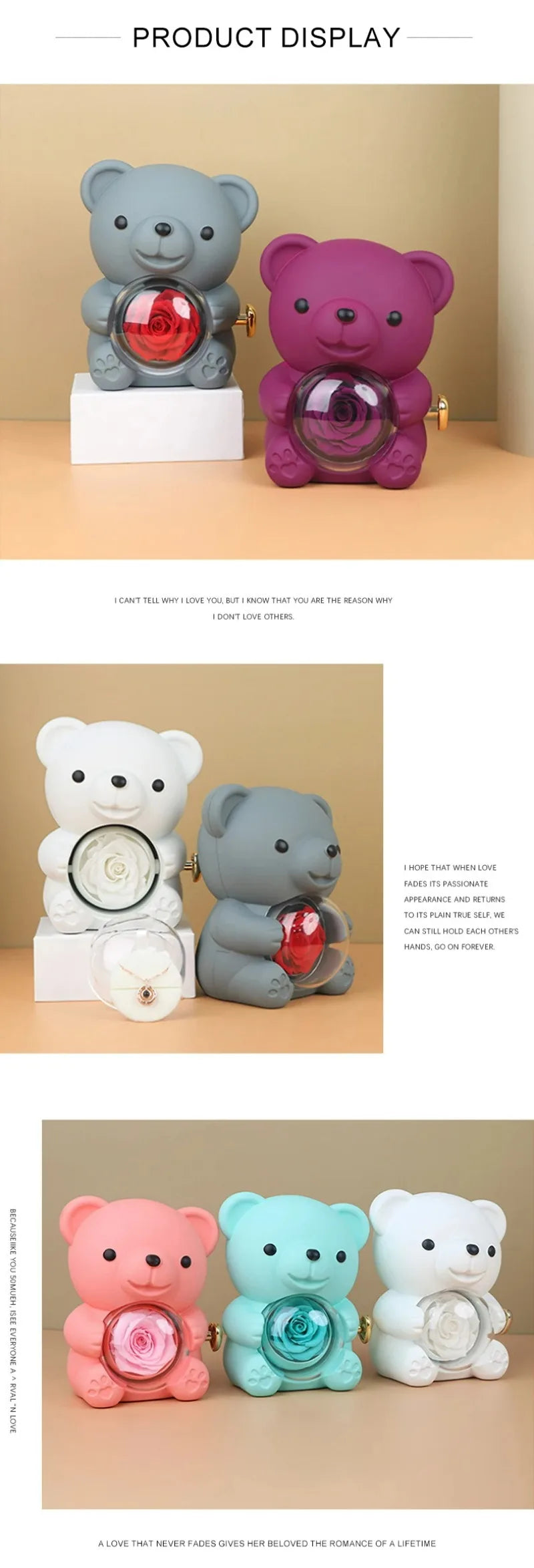 Mini Cute Eternal Rose Bear Jewelry Box Exquisite Portable 100 Languages "I Love You" Necklace Valentine's Day Birthday Gift