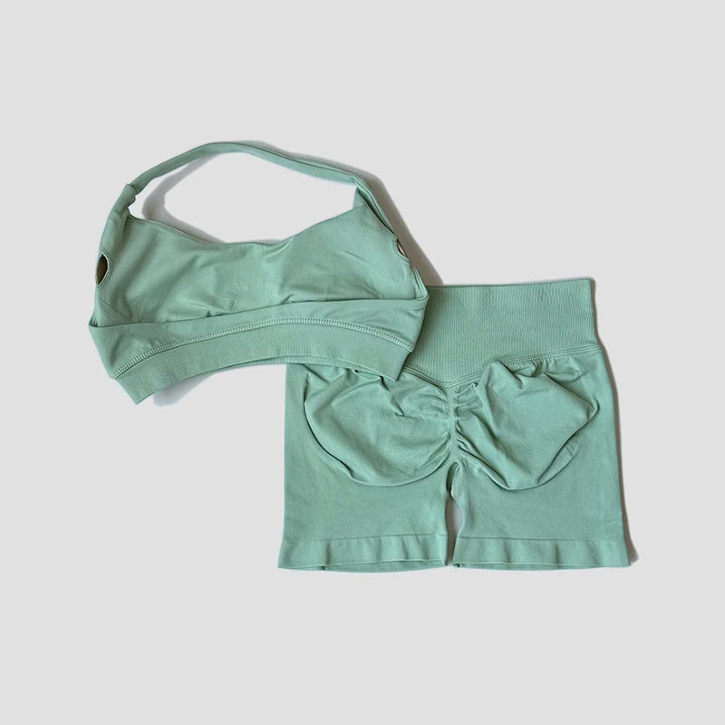 Sexy Halter Neck Beautiful Back Bra High Waist Peach Sports Shorts Suit Pilates Training Gym Fitness Bra Workout Activewear