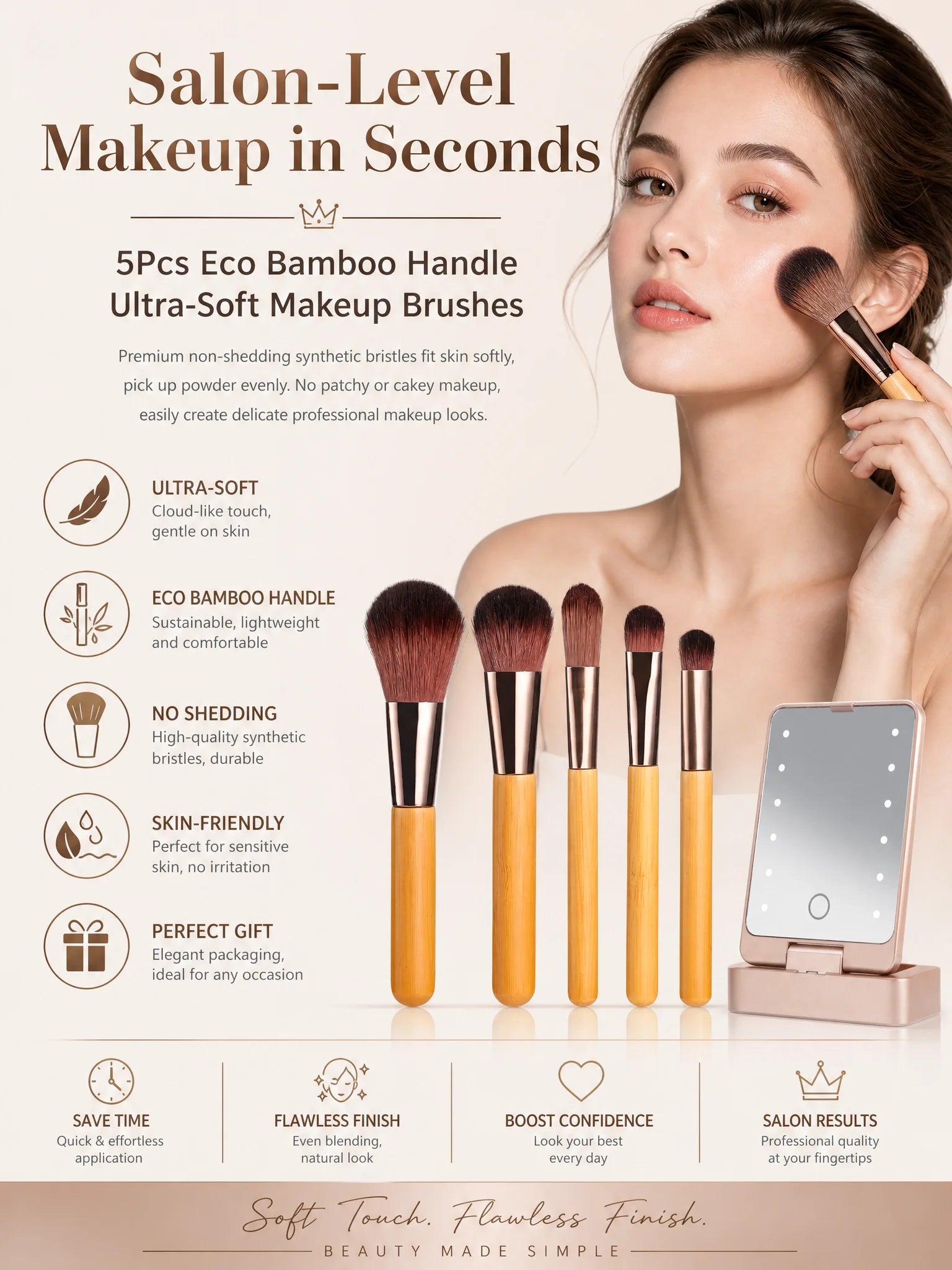 10Pcs Macaron Makeup Brush Set with Led Light Mirror Portable Travel Cosmetic Brushes Kit with Triangle Powder Puff Beauty Tools