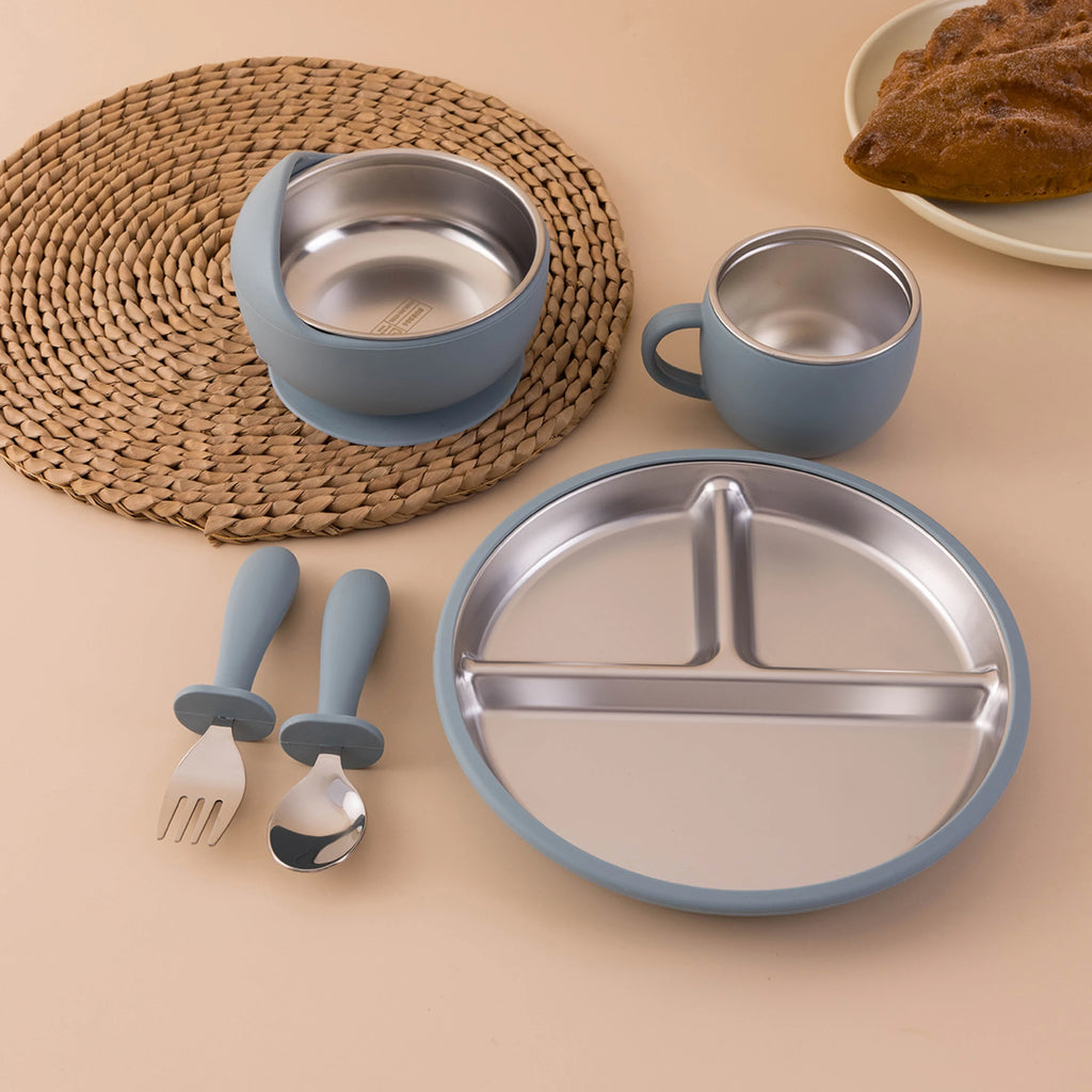 5PCS Stainless Steel Dishes Plate Baby Feeding Set With Detachable Silicone Sucker Bowl BPA Free Infant Fork Spoon Cup Gifts