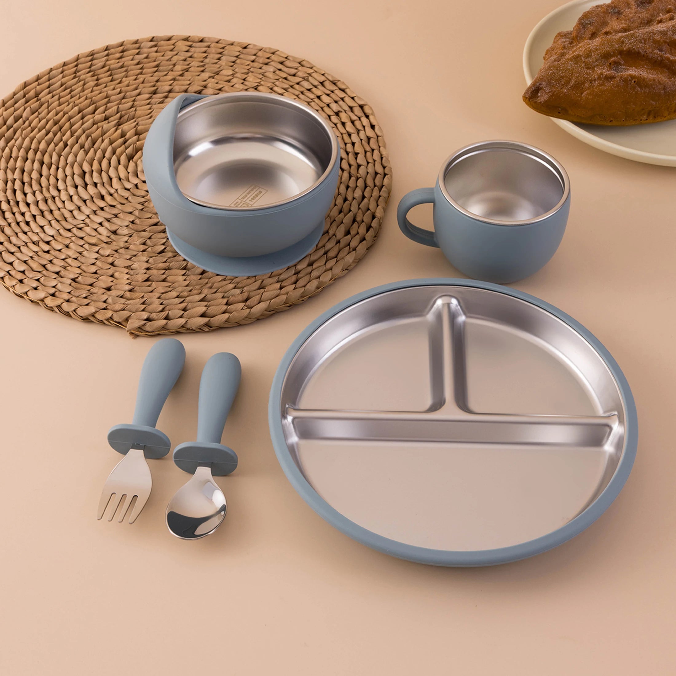5PCS Stainless Steel Dishes Plate Baby Feeding Set With Detachable Silicone Sucker Bowl BPA Free Infant Fork Spoon Cup Gifts