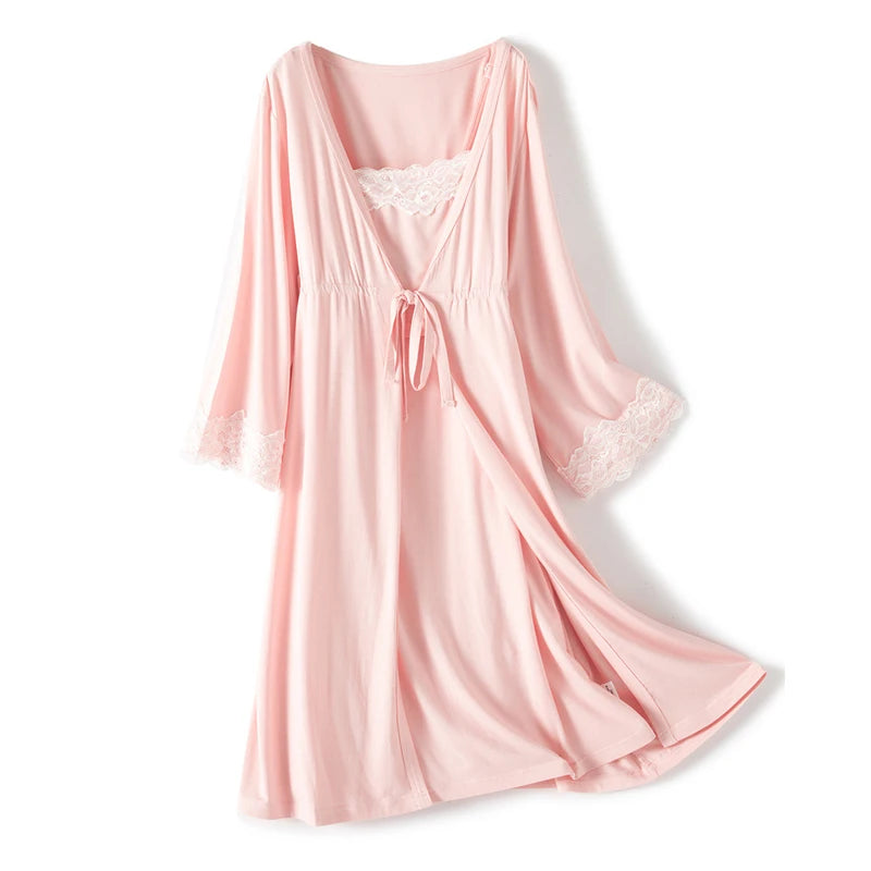 2pcs/Set Pregnancy Pajamas Sleepwear Nursing Nightwear Pregnant Woman Sling Breastfeeding Nightgown Maternity Labor Dress+Robe