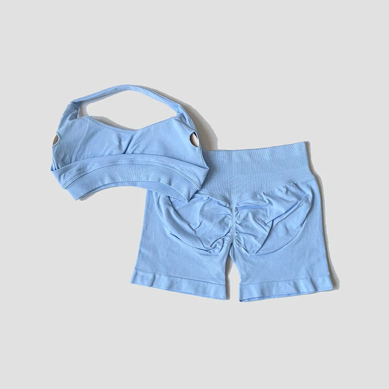 Sexy Halter Neck Beautiful Back Bra High Waist Peach Sports Shorts Suit Pilates Training Gym Fitness Bra Workout Activewear