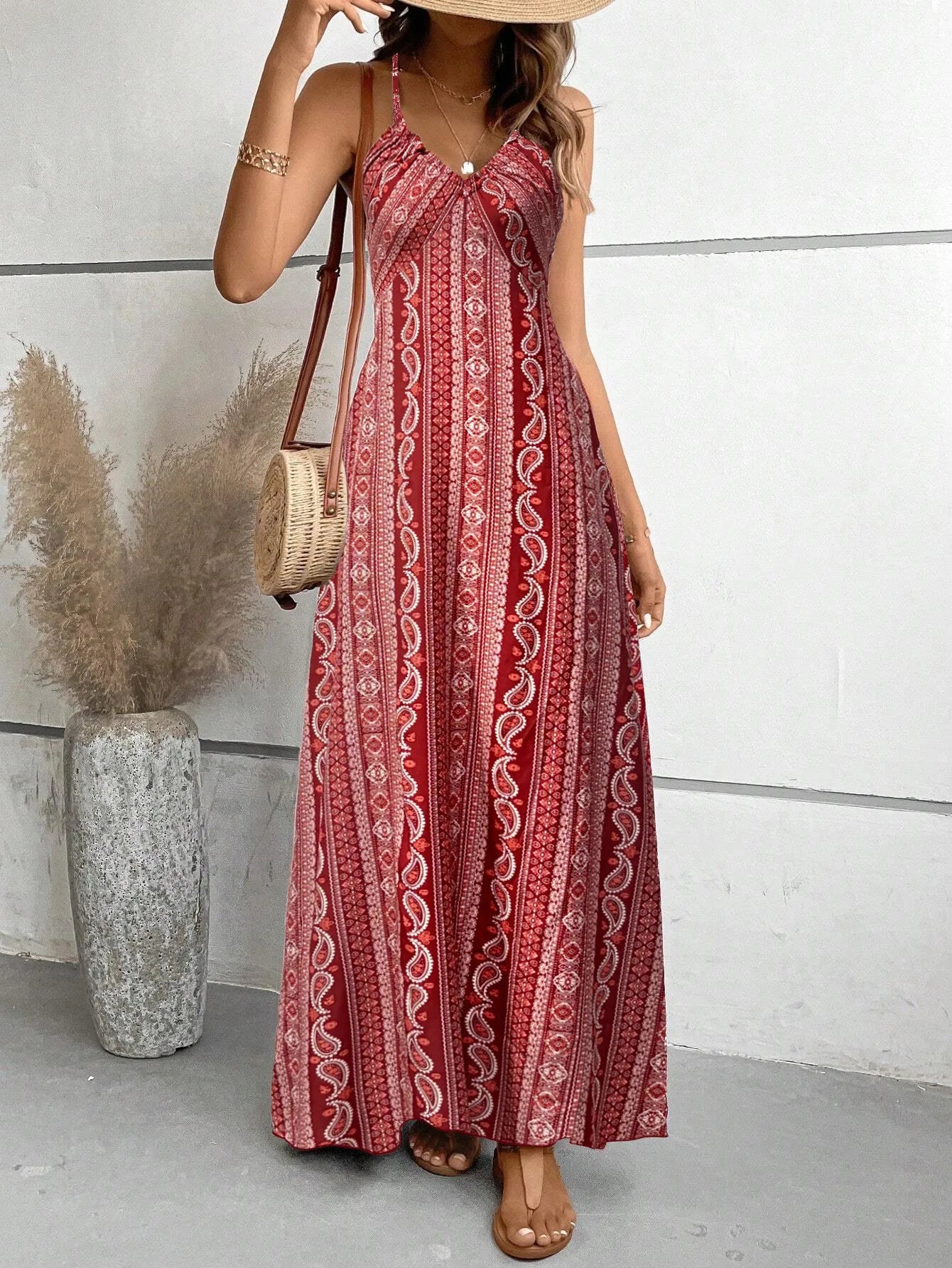 Sexy Wrap V-Neck Long Dress Polyester No-Sleeve High-Waist Printed Summer 2025 TikTok Trendy Split Strapless Gown