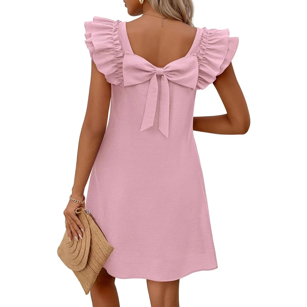 2026 European & American Style Double Layer Ruffle Sleeve Back Bow Dress for Spring & Summer, Amazon Independent Site & TikTok F