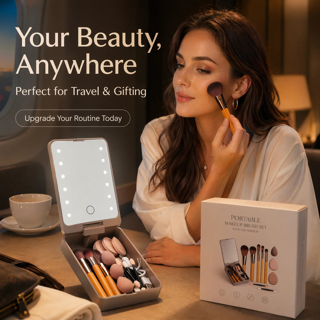 10Pcs Macaron Makeup Brush Set with Led Light Mirror Portable Travel Cosmetic Brushes Kit with Triangle Powder Puff Beauty Tools