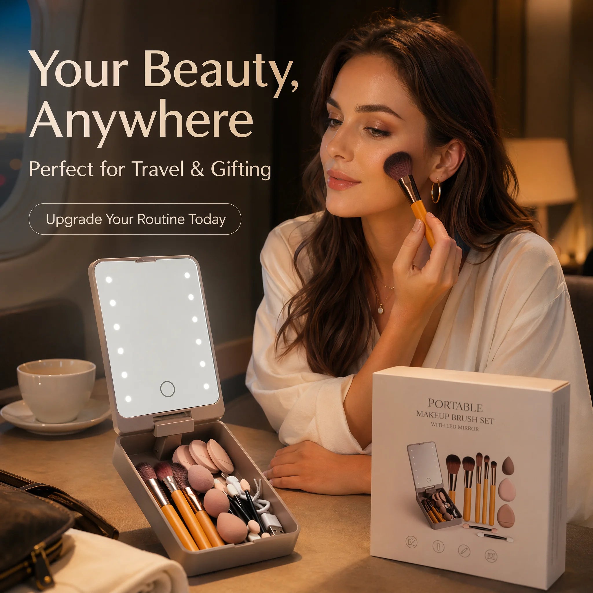10Pcs Macaron Makeup Brush Set with Led Light Mirror Portable Travel Cosmetic Brushes Kit with Triangle Powder Puff Beauty Tools
