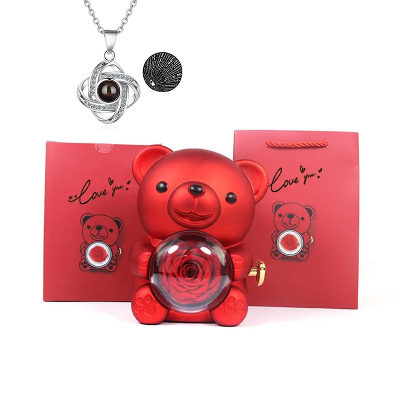 Mini Cute Eternal Rose Bear Jewelry Box Exquisite Portable 100 Languages "I Love You" Necklace Valentine's Day Birthday Gift
