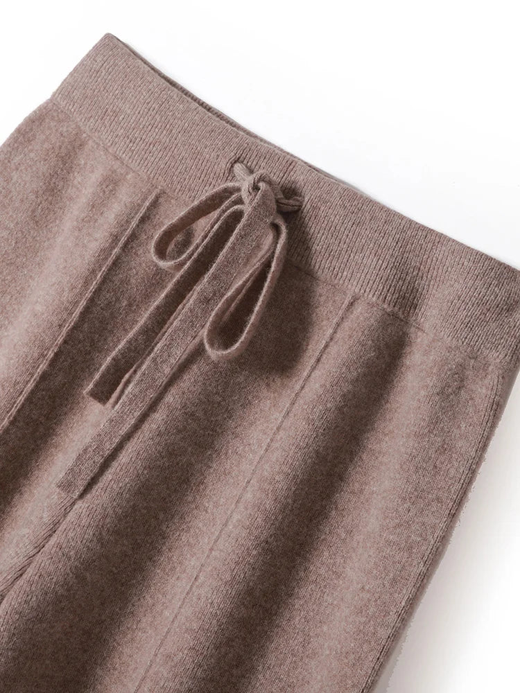 100% Merino Wool Pants Women Autumn Winter Casual Wide Leg Trousers Middle Seam Style Knitted Cashmere Soft Lace-up Trendy Pants