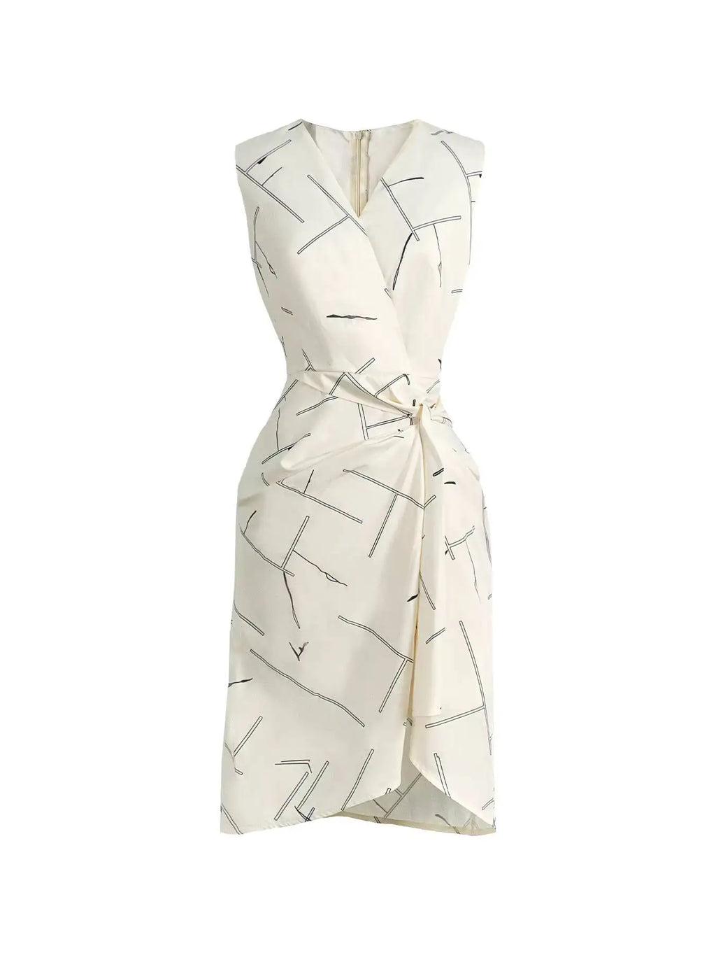 Women Midi Dress Sleeveless V Neck Line Print Wrap Tie Waist Asymmetrical Dress Elegant Spring Summer Brunch Work Office Dress