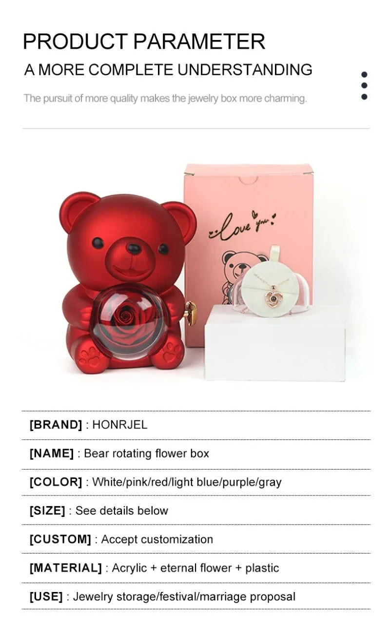 Mini Cute Eternal Rose Bear Jewelry Box Exquisite Portable 100 Languages "I Love You" Necklace Valentine's Day Birthday Gift