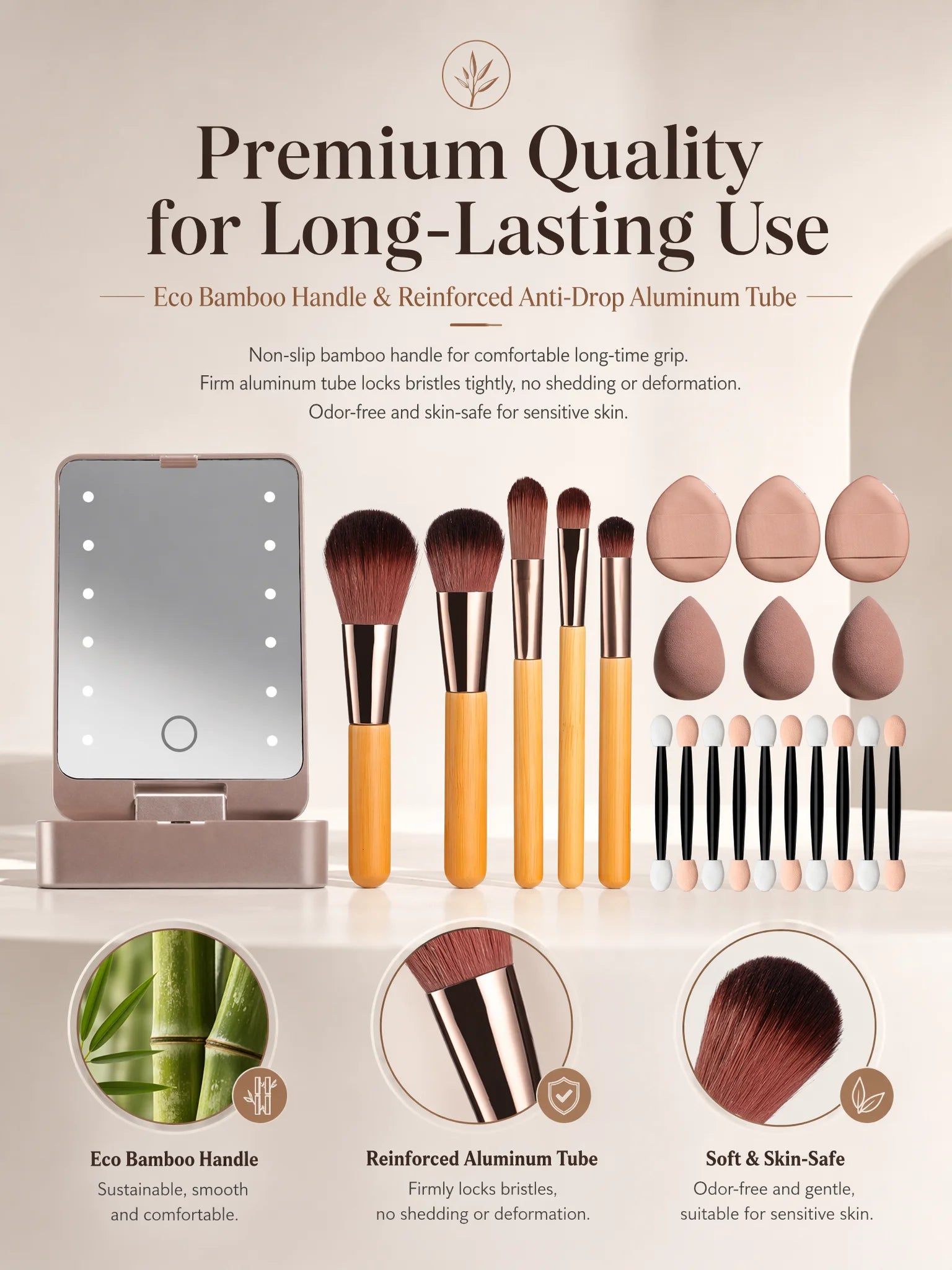 10Pcs Macaron Makeup Brush Set with Led Light Mirror Portable Travel Cosmetic Brushes Kit with Triangle Powder Puff Beauty Tools