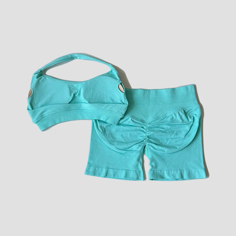 Sexy Halter Neck Beautiful Back Bra High Waist Peach Sports Shorts Suit Pilates Training Gym Fitness Bra Workout Activewear