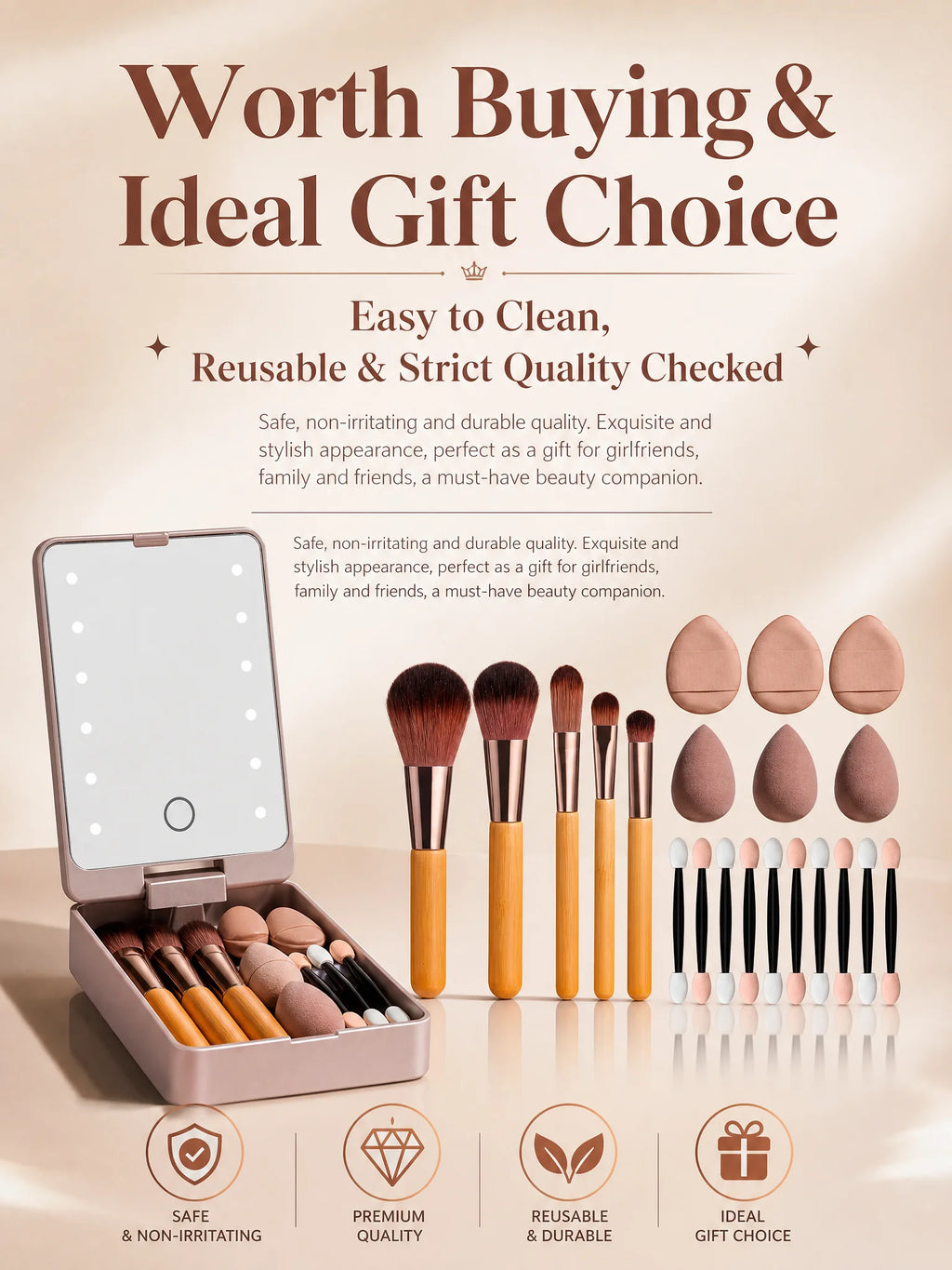 10Pcs Macaron Makeup Brush Set with Led Light Mirror Portable Travel Cosmetic Brushes Kit with Triangle Powder Puff Beauty Tools
