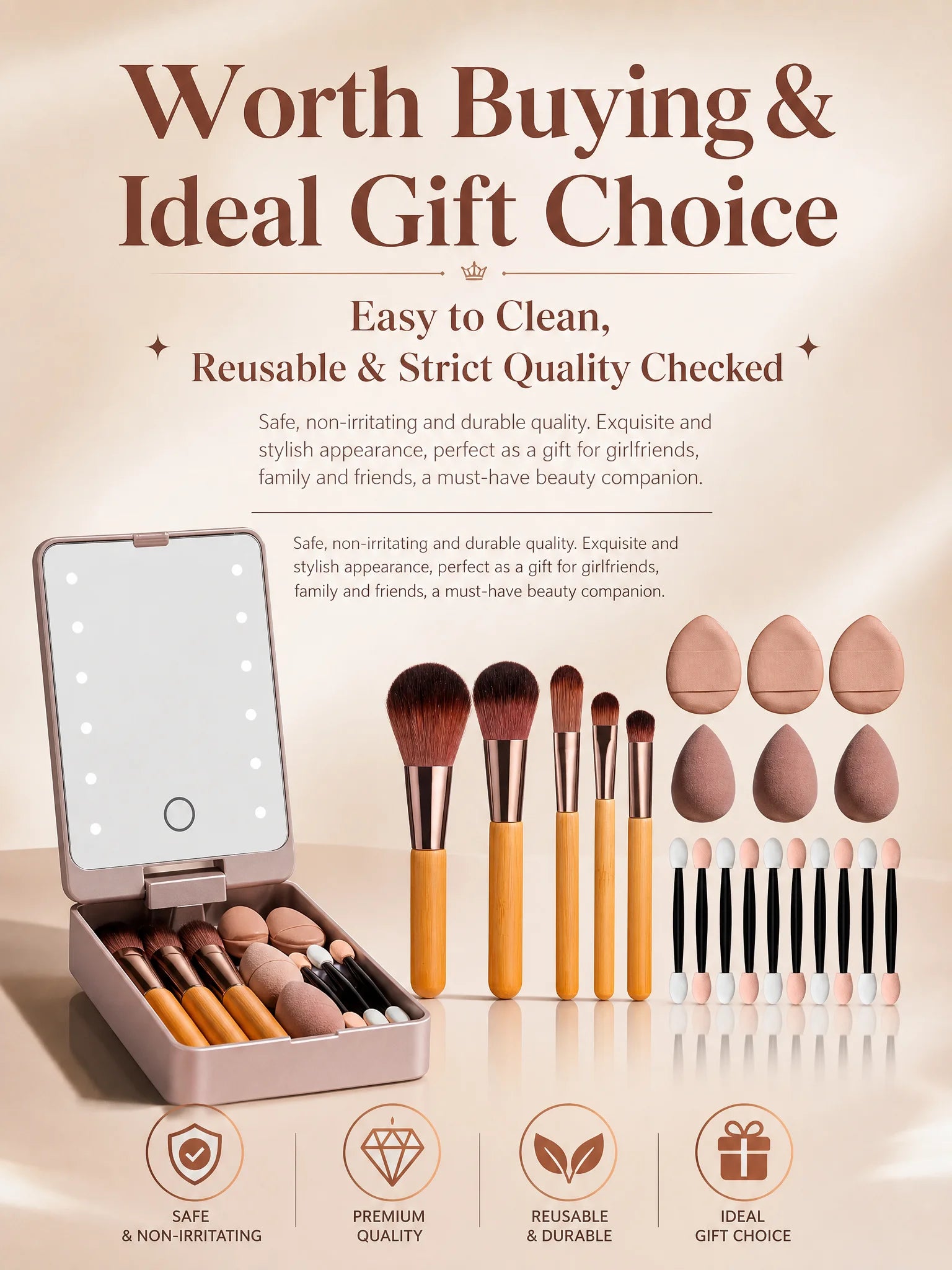 10Pcs Macaron Makeup Brush Set with Led Light Mirror Portable Travel Cosmetic Brushes Kit with Triangle Powder Puff Beauty Tools