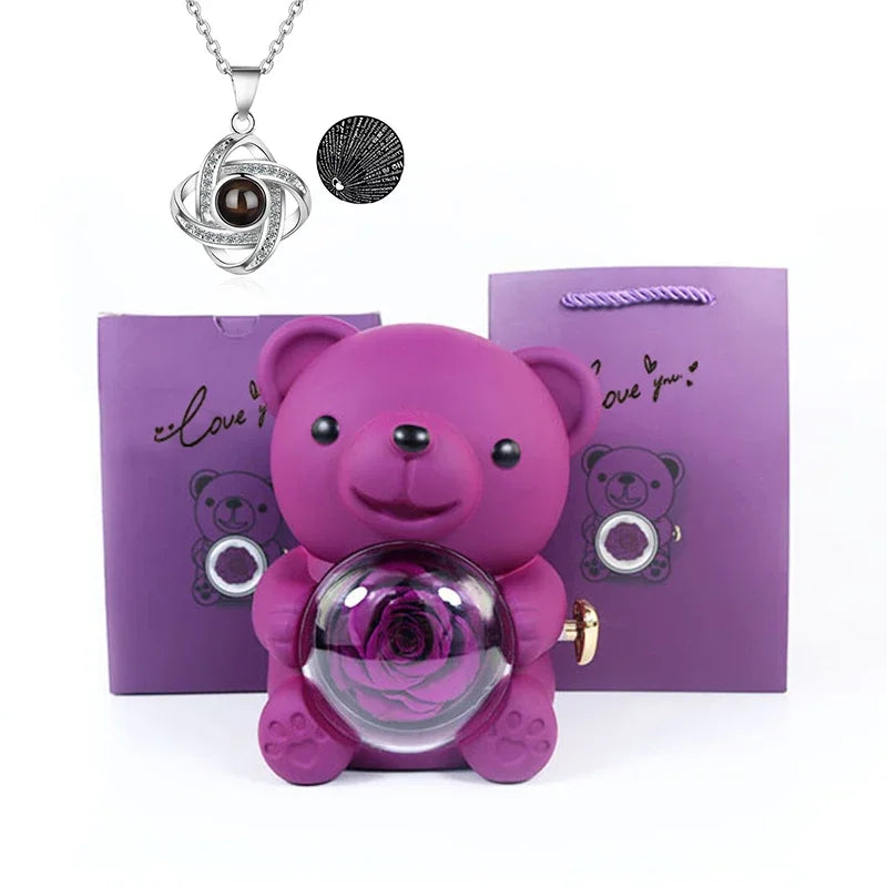 Mini Cute Eternal Rose Bear Jewelry Box Exquisite Portable 100 Languages "I Love You" Necklace Valentine's Day Birthday Gift