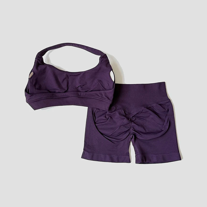 Sexy Halter Neck Beautiful Back Bra High Waist Peach Sports Shorts Suit Pilates Training Gym Fitness Bra Workout Activewear