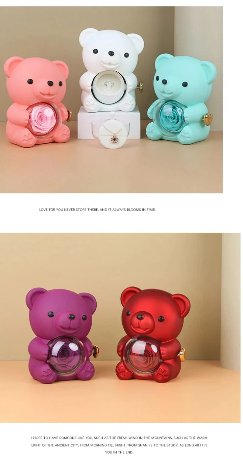 Mini Cute Eternal Rose Bear Jewelry Box Exquisite Portable 100 Languages "I Love You" Necklace Valentine's Day Birthday Gift
