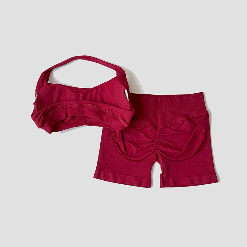 Sexy Halter Neck Beautiful Back Bra High Waist Peach Sports Shorts Suit Pilates Training Gym Fitness Bra Workout Activewear
