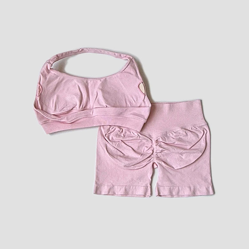 Sexy Halter Neck Beautiful Back Bra High Waist Peach Sports Shorts Suit Pilates Training Gym Fitness Bra Workout Activewear