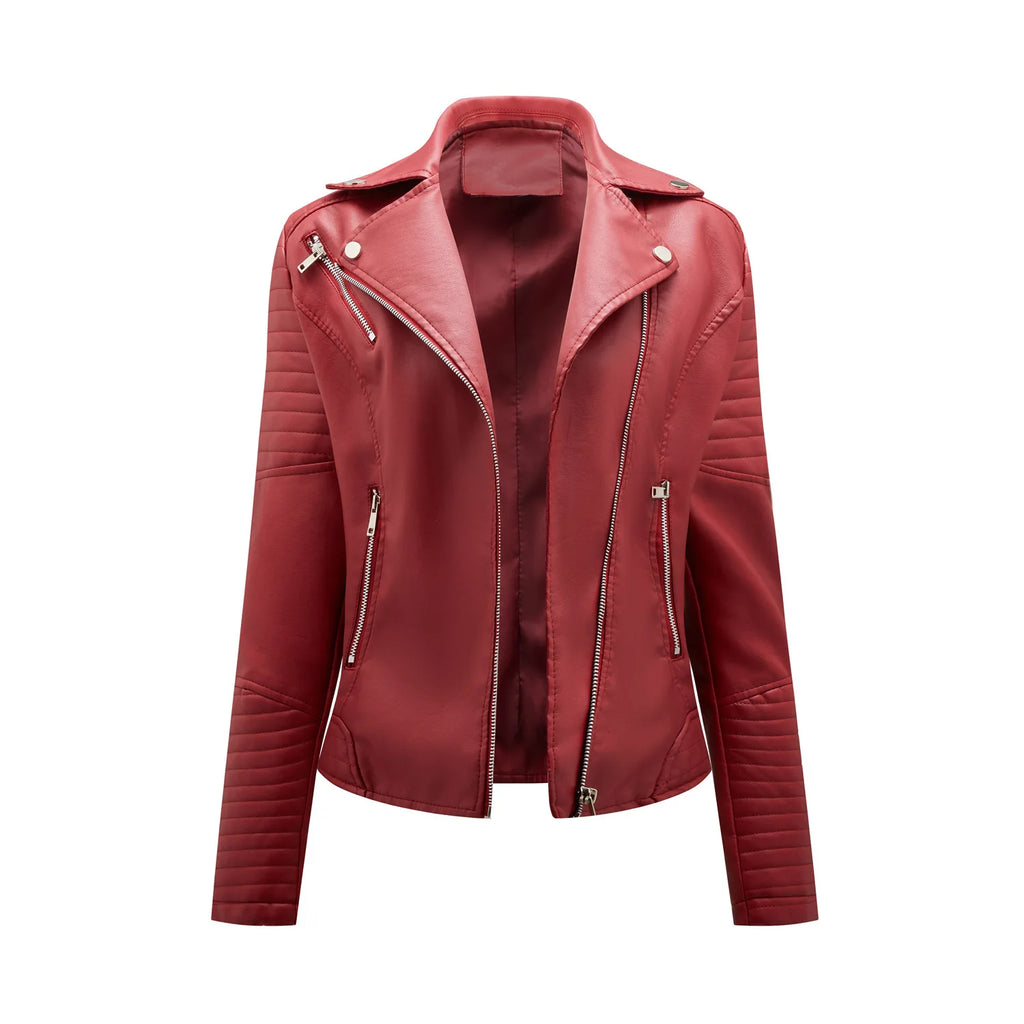 Spring and Autumn short women's leather jacket, Slim lapel biker suit, oblique zipper jacket women's coat
